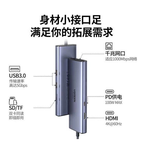 绿联60515 Type-C扩展坞USB-C雷电4拓展坞HDMI转换器4K60Hz网线hub分线器读卡